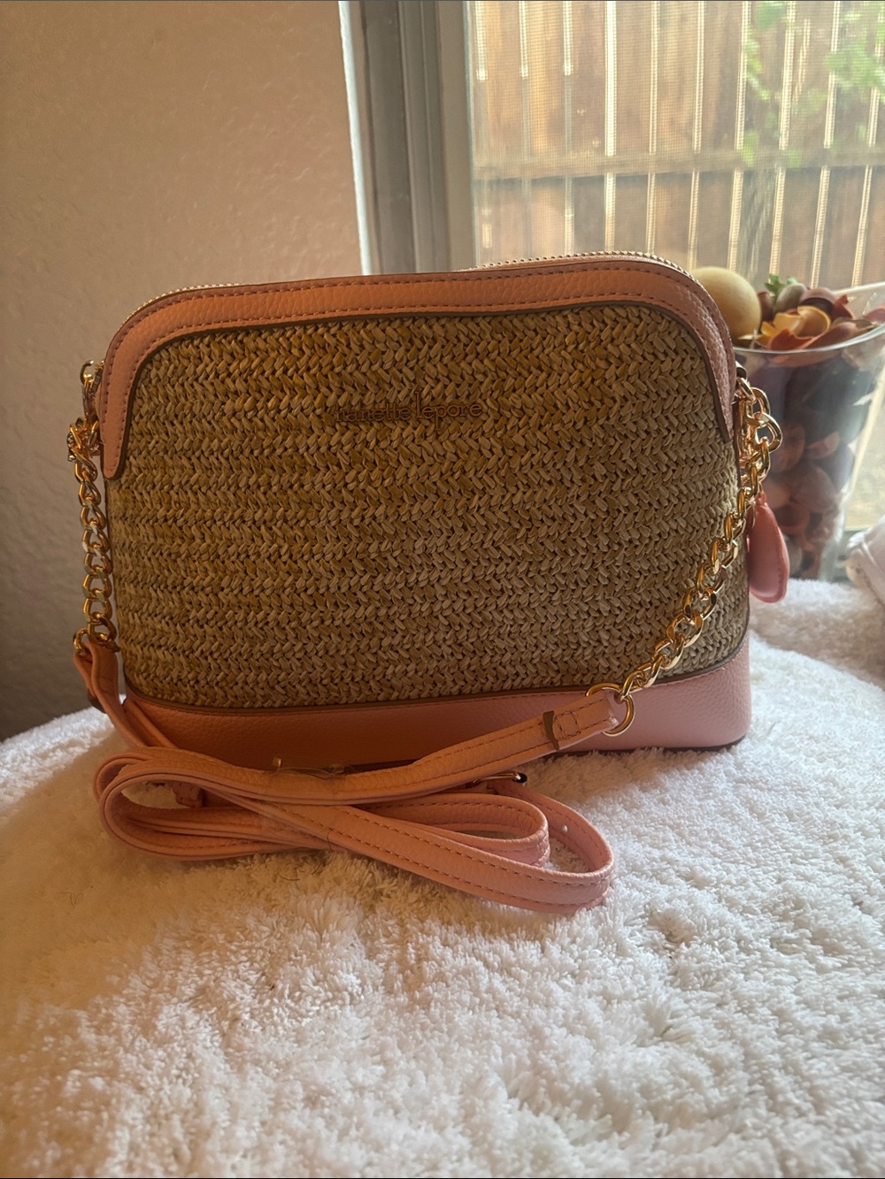 NWOT Nanette Lepore Straw Crossbody with Pink Trim and Gold Chain